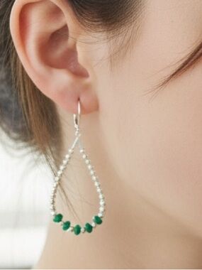 HAND CRAFTED GREEN APPLE TURQUOISE & SILVER TEARDROP HOOP EARRINGS